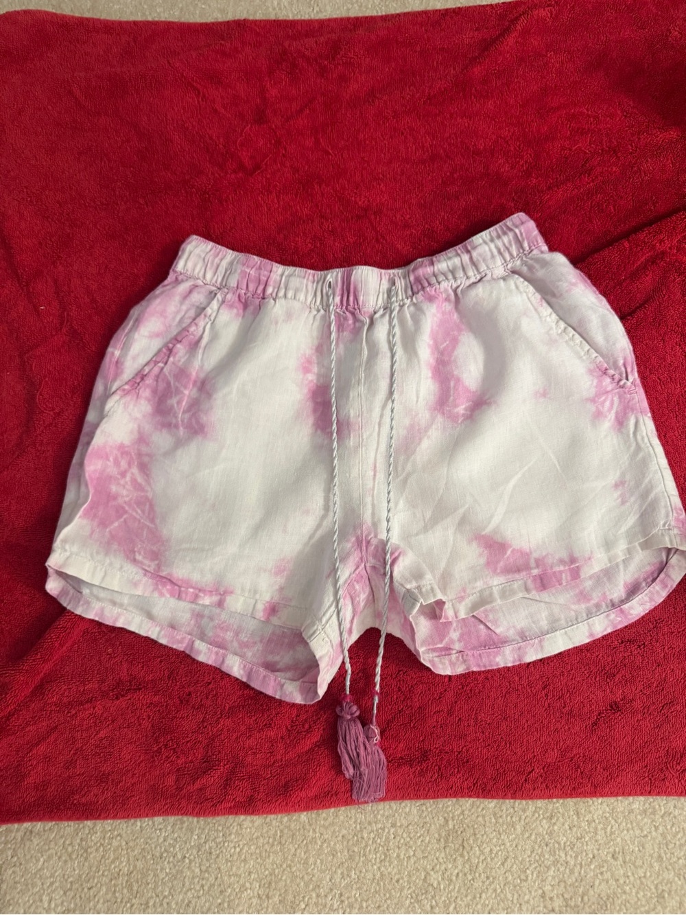 Rachel Zoe White Linen-Blend Tie-Dye Pink Drawstring Shorts